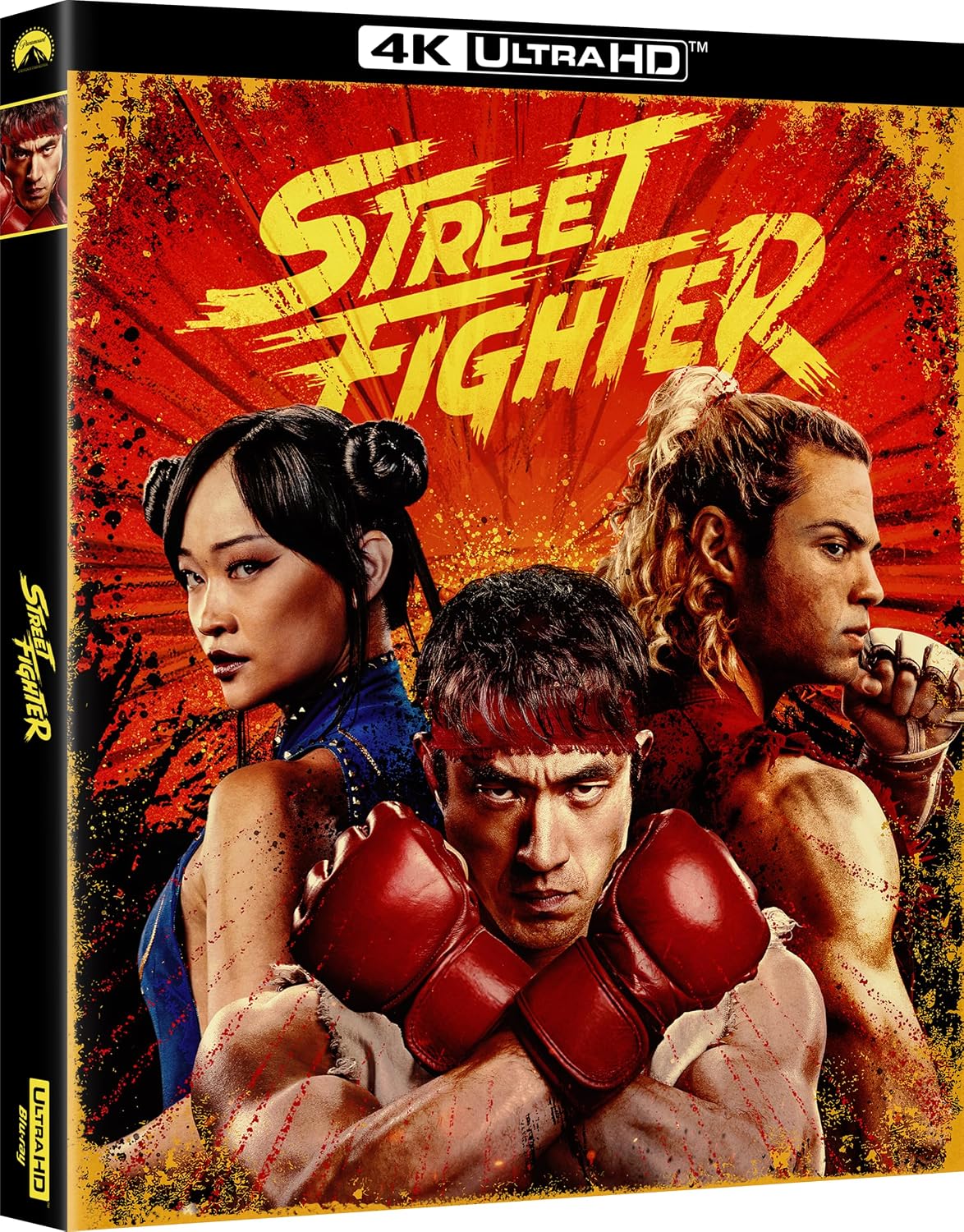 Street Fighter" UHD Blu-ray cover with three fighters in action poses.