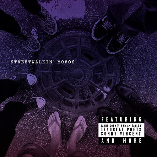 CD cover with feet surrounding a manhole, purple color scheme.