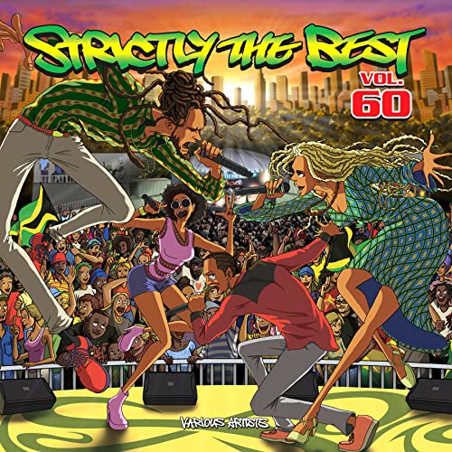 Reggae compilation album cover with illustrated musicians and a crowd.
