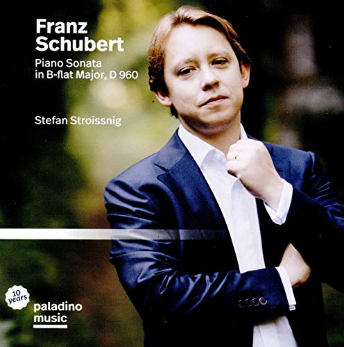 Man in blue suit, white shirt, outdoors, with text describing a Schubert piano sonata album.