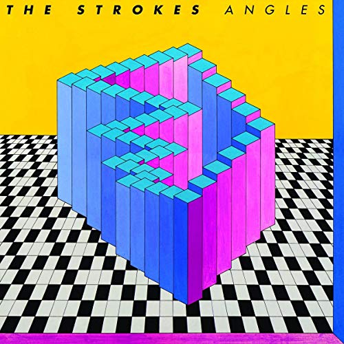 Album cover featuring a blue and pink geometric structure on a black-and-white checkered floor.