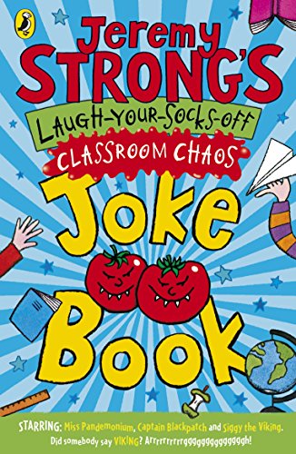 Colorful book cover with cartoon illustrations and bold text: "Jeremy Strong's Joke Book.