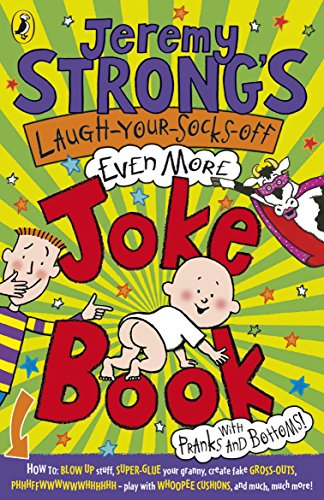 Book cover with cartoon children, bright colors, and the title "Jeremy Strong's Joke Book".