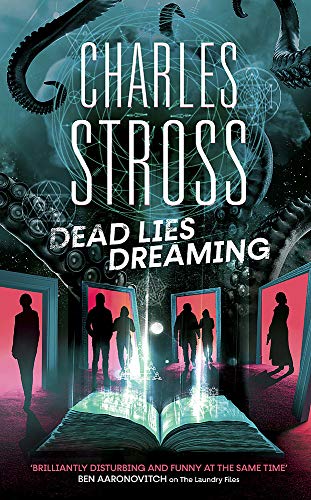 Book cover with silhouettes standing before glowing doorways, an open book, and tentacled monsters.