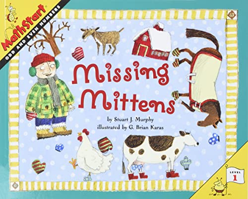 Book cover: "Missing Mittens" depicts a boy, animals, and lost mittens.