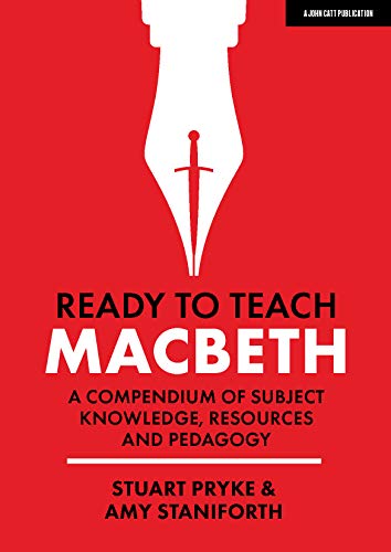 Red book cover with a white quill and sword, titled "Ready to Teach: Macbeth.