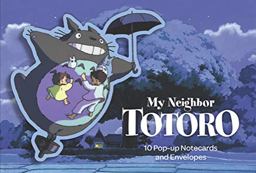 Totoro with children holding an umbrella, against a blue, cloudy sky.