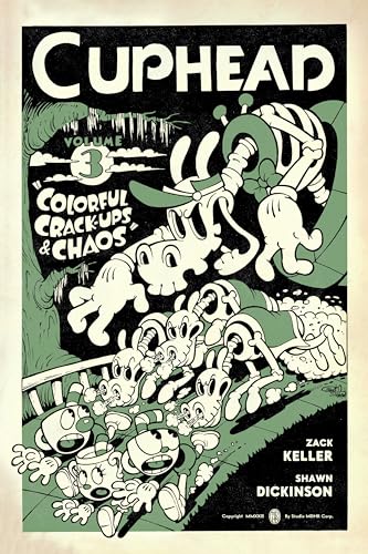 Green-toned comic book cover featuring Cuphead and cartoon characters.