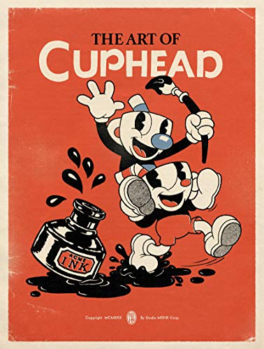 Cuphead and Mugman playing with an ink bottle on a vintage red background.