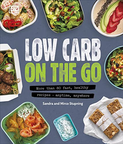 Cookbook cover with colorful food photos and bold “Low Carb On The Go” text.