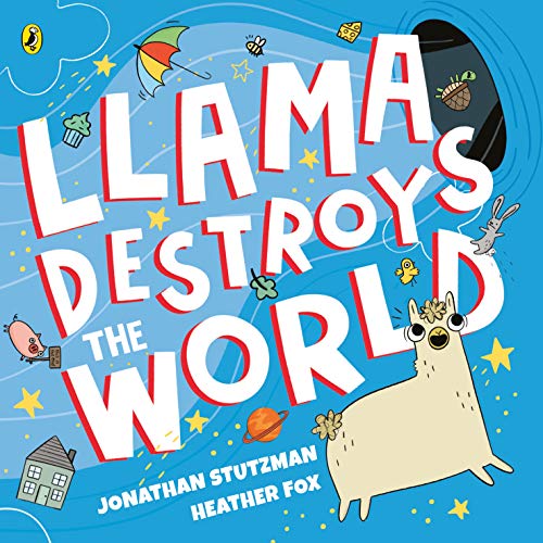 Book cover featuring a cartoon llama amidst falling objects and stars.