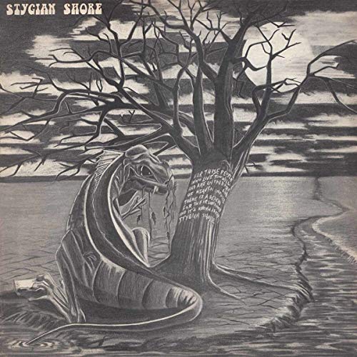 Black and white illustration of a lizard-like creature beneath a tree by a shore.