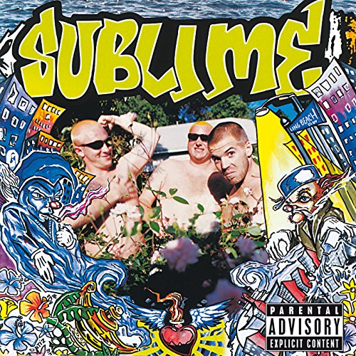 Sublime album cover: three men, Long Beach skyline, colorful cartoon elements.