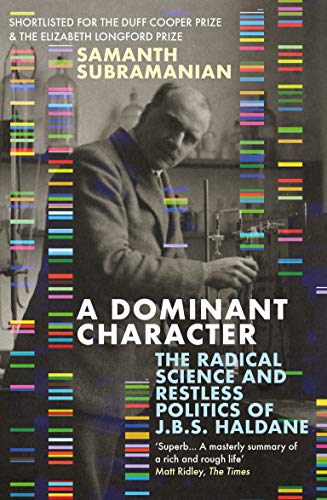 Book cover featuring J.B.S. Haldane with laboratory equipment, colorful stripes.