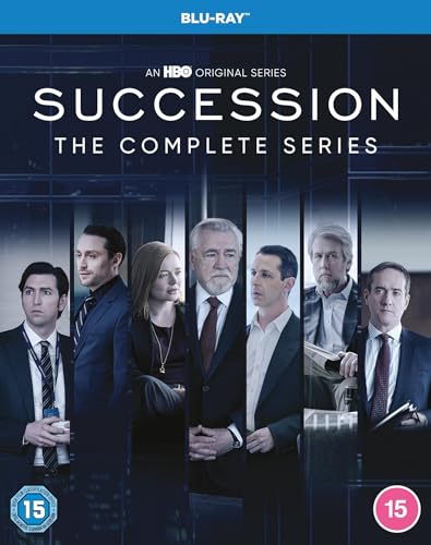 Succession" Blu-ray cover featuring portraits of the Roy family in dark suits.