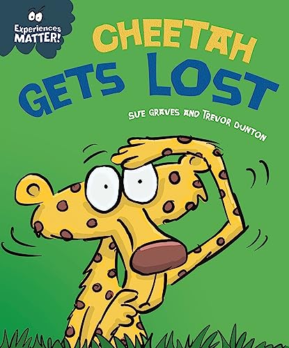 Cartoon cheetah with a confused expression, illustrated on a green cover.