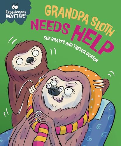 Two cartoon sloths, one elderly with glasses, on a blue armchair.