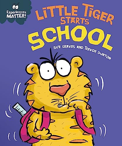 Cartoon tiger cub with backpack and ruler, preparing for school.