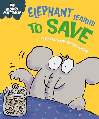 Cartoon elephant dropping coins into a full glass jar on blue.