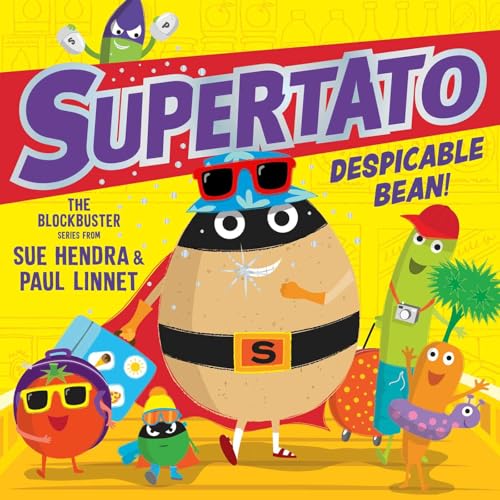 Supertato wearing a mask and sunglasses stands with vegetable friends on a yellow background.