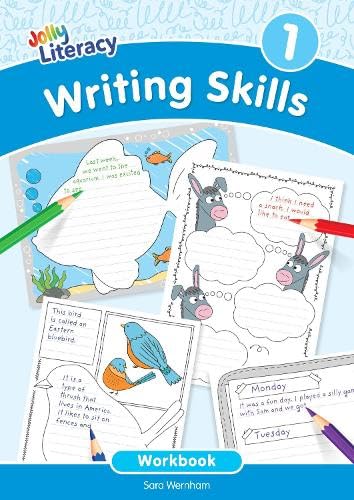 Colorful “Writing Skills Workbook 1” cover with illustrated handwriting practice.