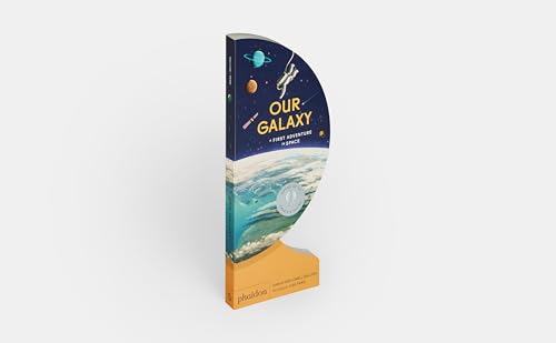 Shaped children’s book, “Our Galaxy,” with planets and a rocket illustration.