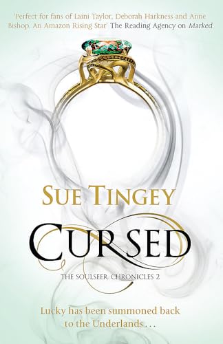 Book cover: ornate gold ring with a large gem, swirling smoke, and title "Cursed".