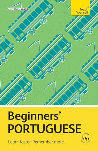 Book cover with repeating tram pattern and “Beginners’ Portuguese” title.