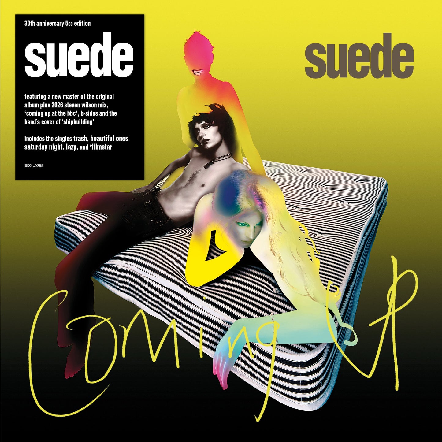 Suede “Coming Up” 5CD edition cover with band members in vibrant colors.