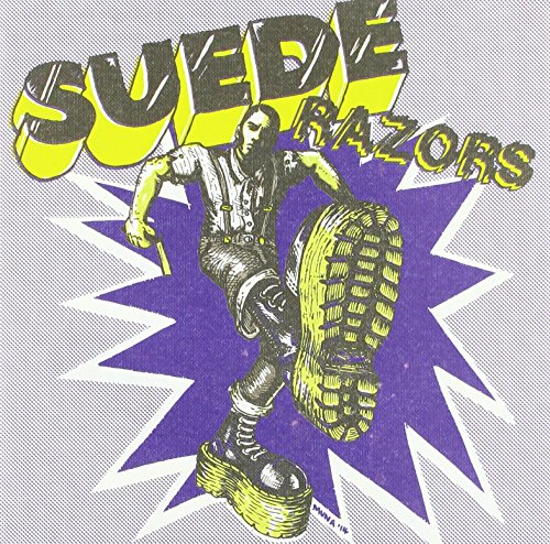 Comic-style illustration of a person in boots kicking, with Suede Razors text above.