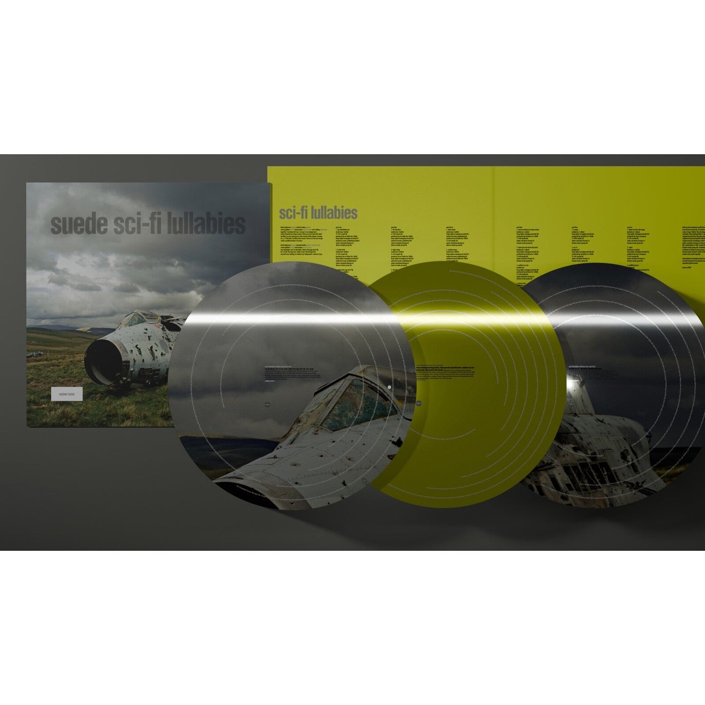 Suede’s “Sci-Fi Lullabies” picture disc vinyl record with airplane imagery.
