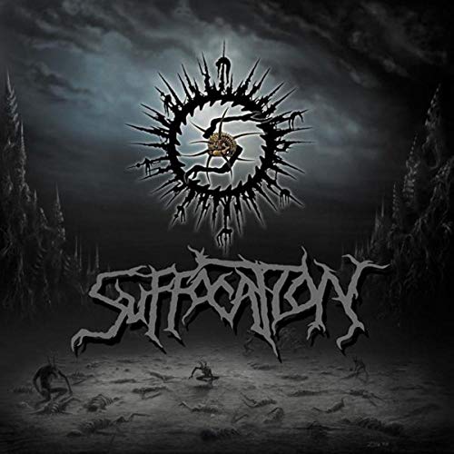 Suffocation CD cover: dark, spiky circle with band name and battlefield scene.