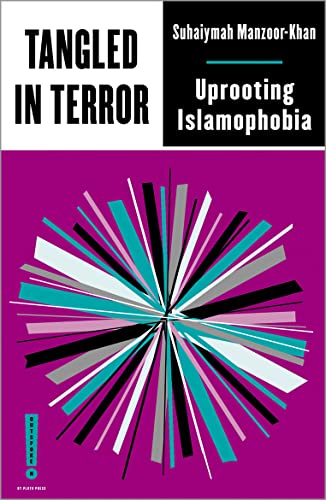 Book cover: "Tangled in Terror" with abstract burst of colorful lines.