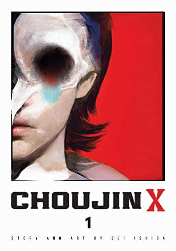 A person with a skull-like mask over one eye against a bright red background.