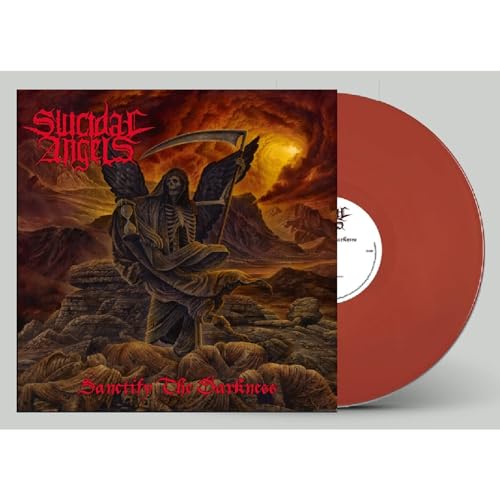 Suicidal Angels vinyl album cover featuring a grim reaper illustration and red record.