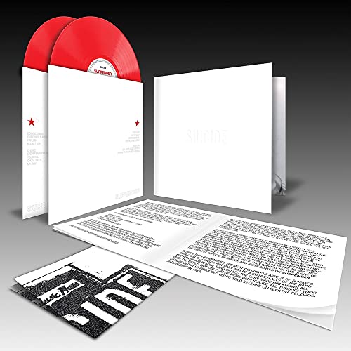 Red vinyl records, white album cover with "Suicide" text, and lyric sheet.