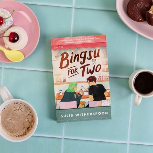Book cover with illustrated couple, desserts, and coffee on a teal surface.