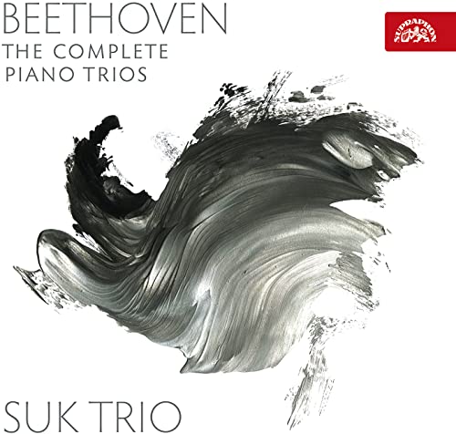 Album cover featuring text Beethoven The Complete Piano Trios and Suk Trio with brushstroke art.