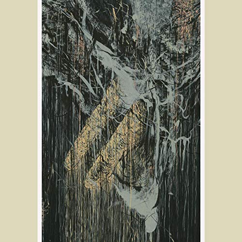 Abstract painting with vertical black lines, tan shapes, and grey paint splatters.