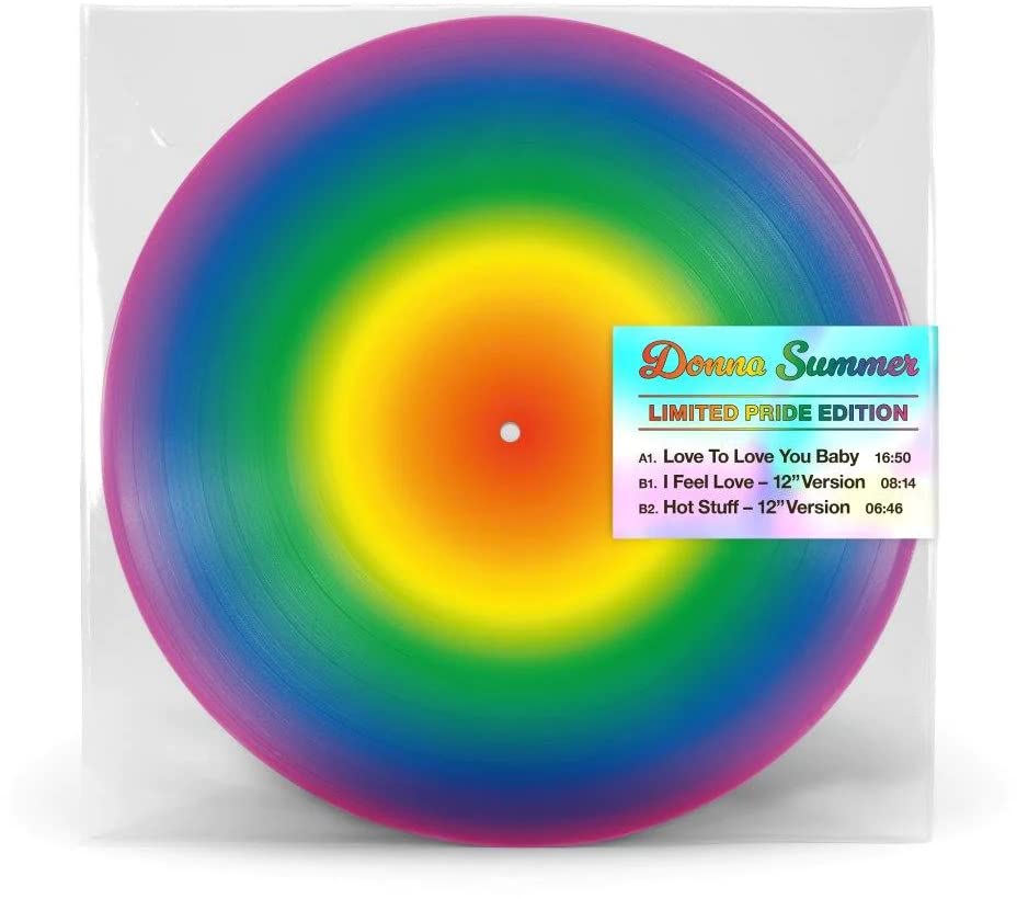 Rainbow-colored vinyl record with Donna Summer tracklist label in plastic sleeve.
