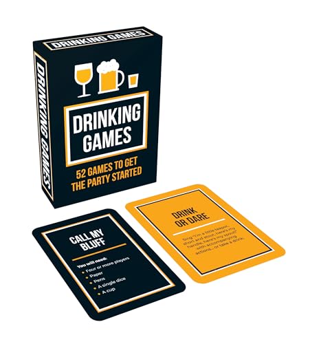 Black and yellow box of "Drinking Games" with two example cards shown.