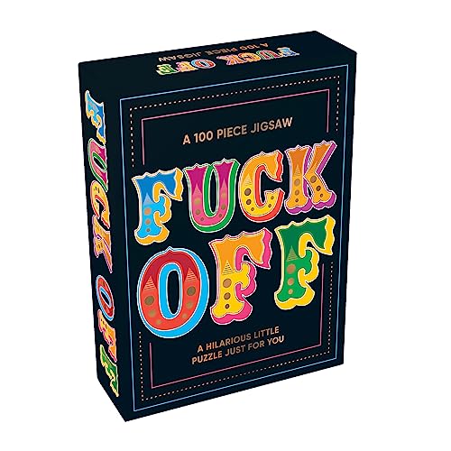 Black puzzle box with colorful, bold text reading "FUCK OFF".