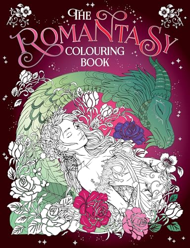 Colouring book cover with a woman, dragon, and floral designs.