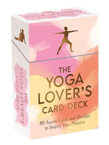Card deck for yoga poses with gold foil lettering and pink accents.