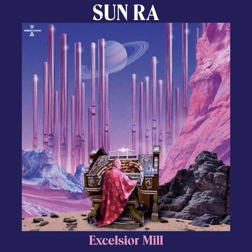 CD cover: Sun Ra at an organ with a planetary, rocky landscape.
