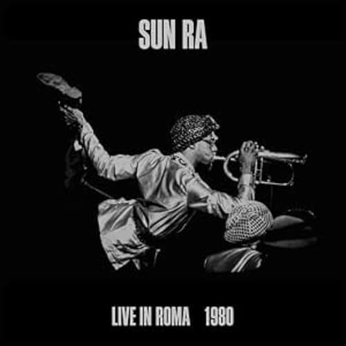 Sun Ra playing trumpet, black and white album cover for "Live in Roma 1980".