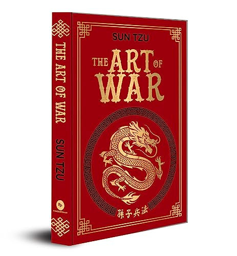 Red hardcover book, “The Art of War,” with a golden dragon design.