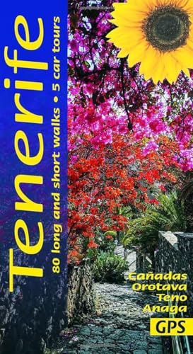 Book cover for Tenerife walking guide featuring a sunflower and vibrant flowering trees.