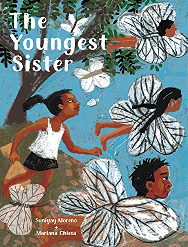 Book cover: girl running with butterfly-winged figures in a blue landscape.