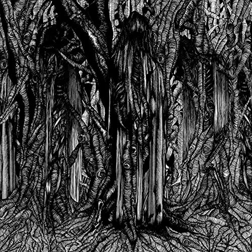 Black and white illustration of figures amidst dense, swirling branches.